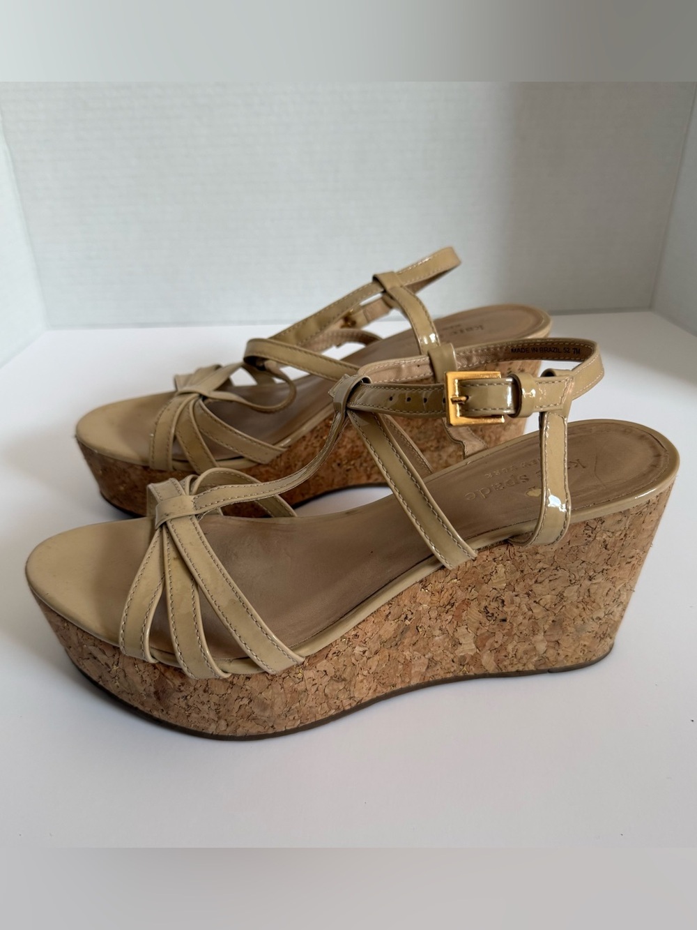 Kate Spade Beige Patent Cork Wedge Sandals Size 7